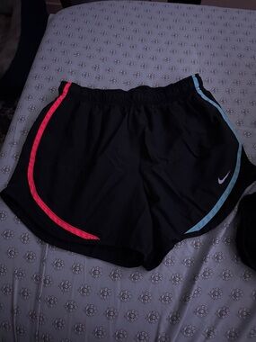Nike Women's Black Athletic Shorts with Pink and Light Blue Trim